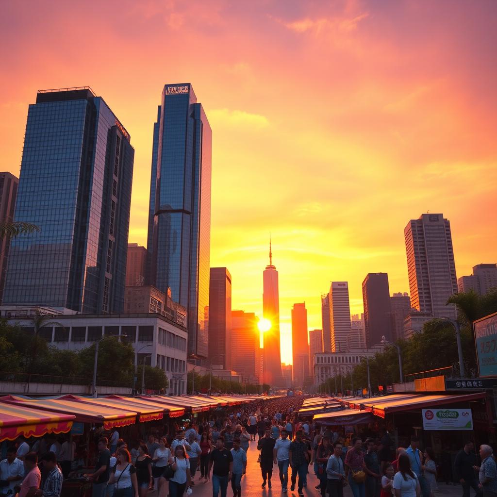A brightly lit, sharp-focused image of a modern city skyline at sunset, showcasing skyscrapers with reflective glass windows