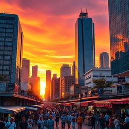 A brightly lit, sharp-focused image of a modern city skyline at sunset, showcasing skyscrapers with reflective glass windows