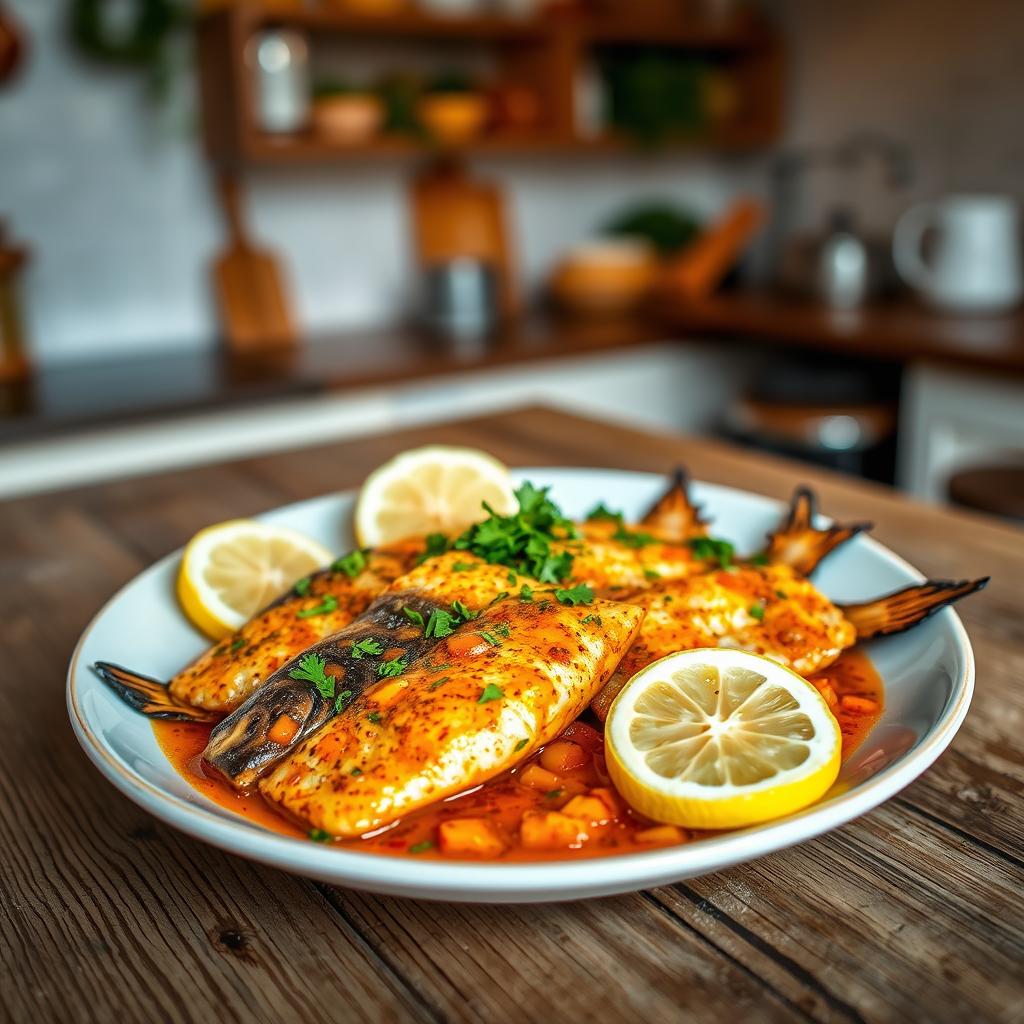 A beautifully arranged dish of Mataba de Poisson, featuring a vibrant and colorful presentation