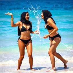 A joyful scene featuring two hijabi women, both confidently wearing stylish black and white bikinis