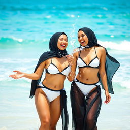 A joyful scene featuring two hijabi women, both confidently wearing stylish black and white bikinis