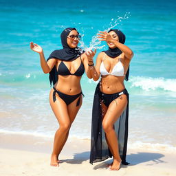 A joyful scene featuring two hijabi women, both confidently wearing stylish black and white bikinis