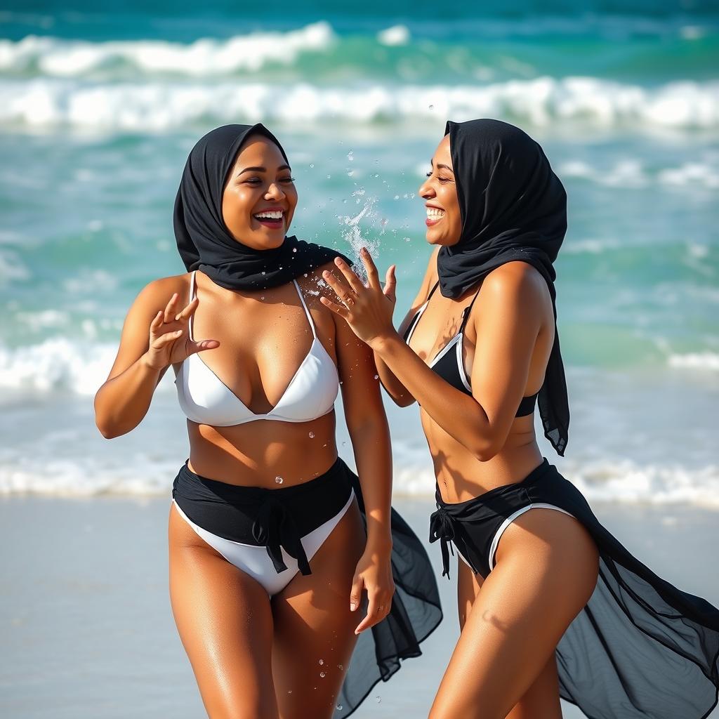 A joyful scene featuring two hijabi women, both confidently wearing stylish black and white bikinis
