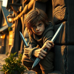 A short, adult hobbit man with scruffy brown hair, crouched beside a rustic wooden tavern