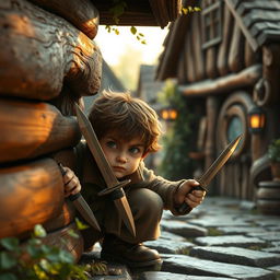 A short, adult hobbit man with scruffy brown hair, crouched beside a rustic wooden tavern