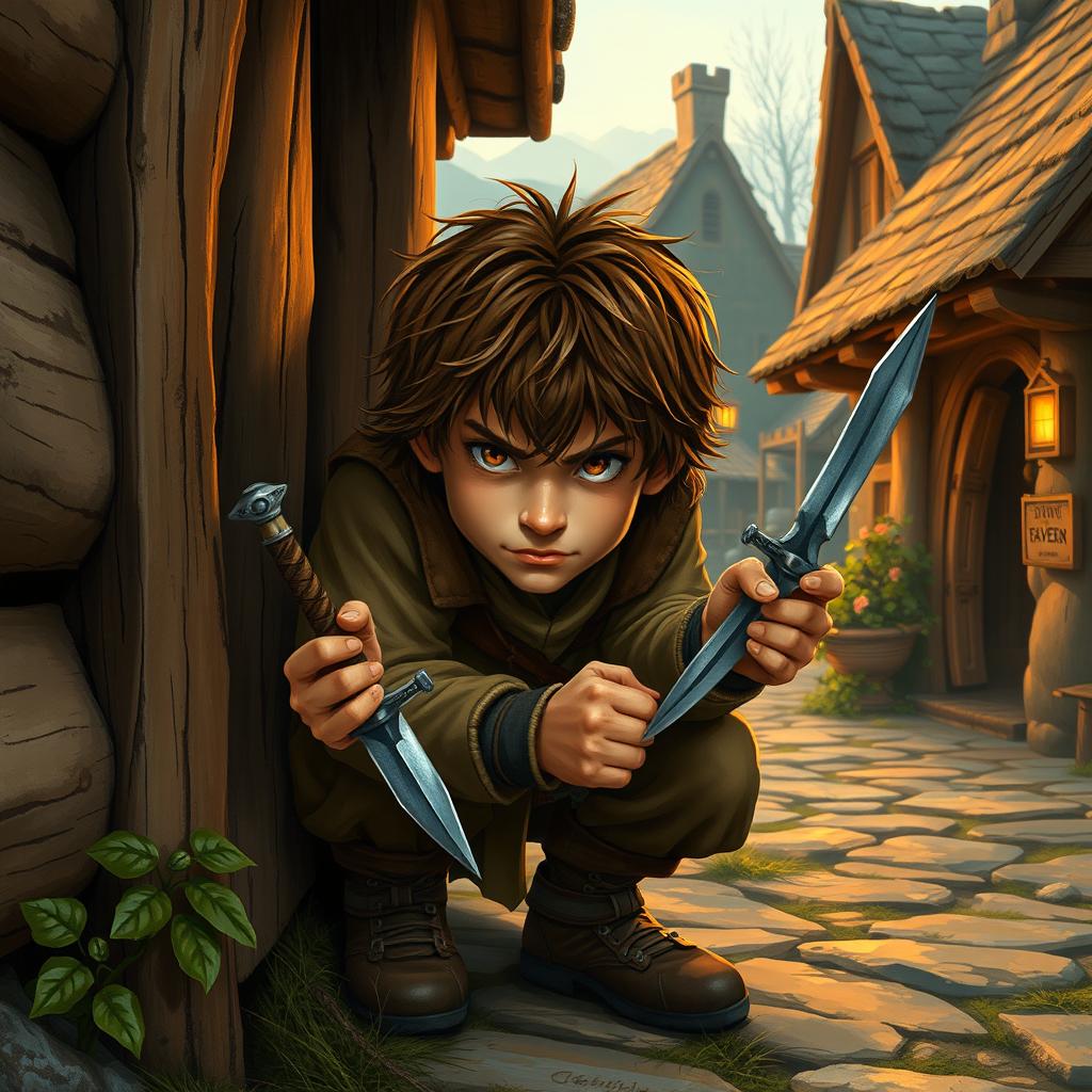 A short, adult hobbit man with scruffy brown hair, crouched beside a rustic wooden tavern