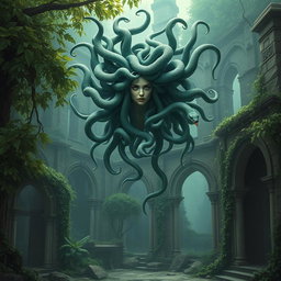 A Gothic style depiction of Medusa, her hair made of poisonous snakes, gracefully floating in the air