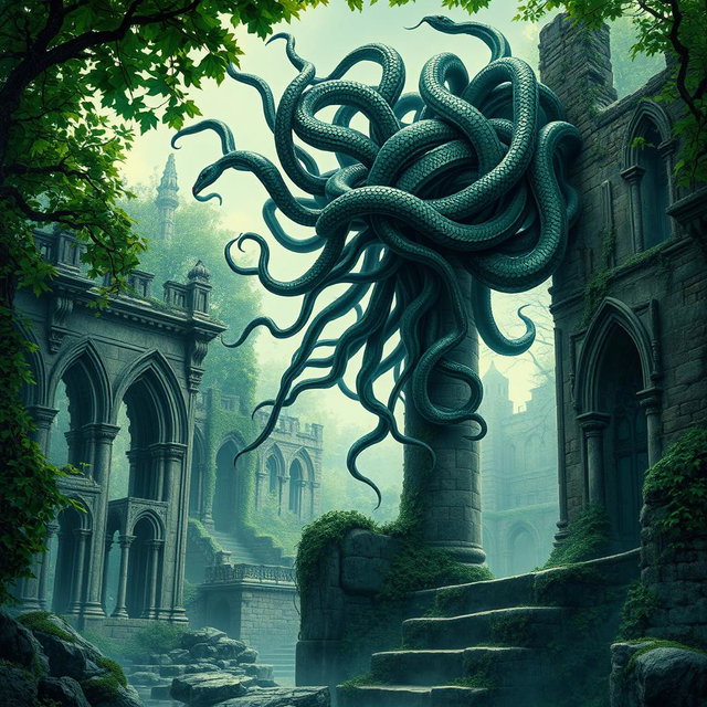 A Gothic style depiction of Medusa, her hair made of poisonous snakes, gracefully floating in the air
