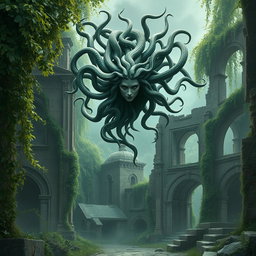A Gothic style depiction of Medusa, her hair made of poisonous snakes, gracefully floating in the air