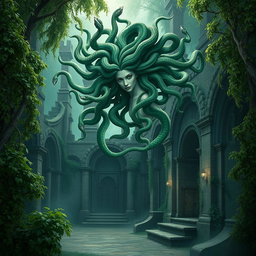 A Gothic style depiction of Medusa, her hair made of poisonous snakes, gracefully floating in the air
