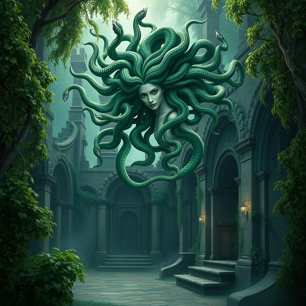 A Gothic style depiction of Medusa, her hair made of poisonous snakes, gracefully floating in the air