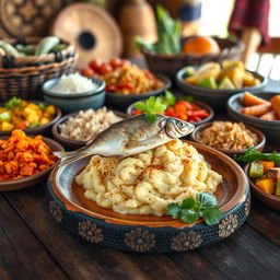 A vibrant scene featuring a traditional Mataba de Poisson, a dish from Madagascar, beautifully presented on a rustic wooden table