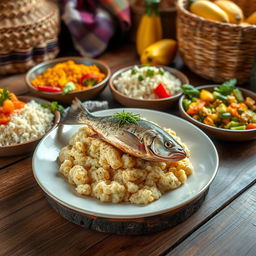 A vibrant scene featuring a traditional Mataba de Poisson, a dish from Madagascar, beautifully presented on a rustic wooden table