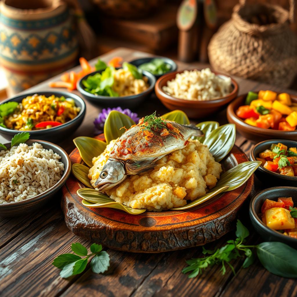 A vibrant scene featuring a traditional Mataba de Poisson, a dish from Madagascar, beautifully presented on a rustic wooden table