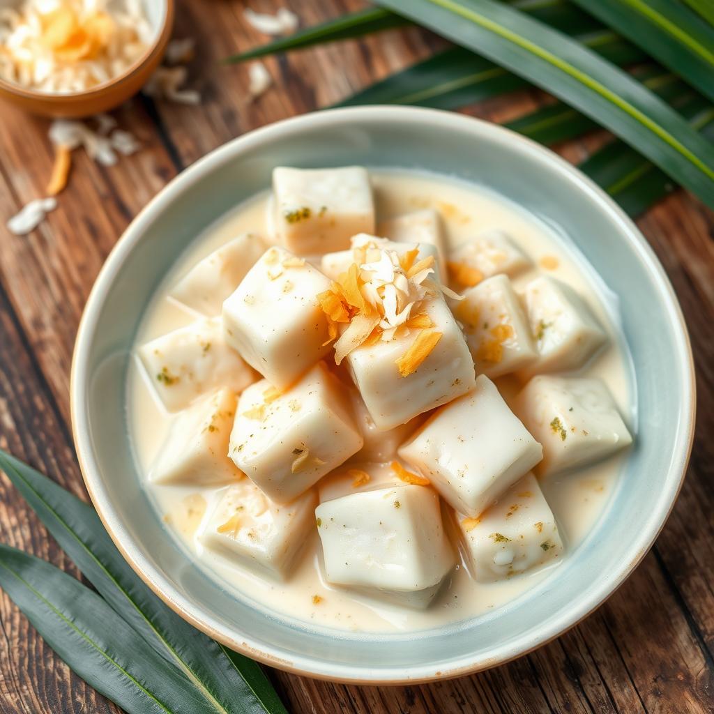 Delicious cooked fish cubes combined with creamy coconut milk sauce, beautifully garnished with shredded coconut