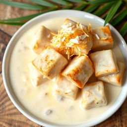 Delicious cooked fish cubes combined with creamy coconut milk sauce, beautifully garnished with shredded coconut