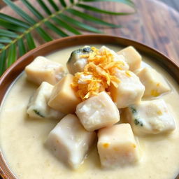 Delicious cooked fish cubes combined with creamy coconut milk sauce, beautifully garnished with shredded coconut