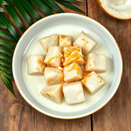 Delicious cooked fish cubes combined with creamy coconut milk sauce, beautifully garnished with shredded coconut