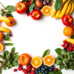 A visually appealing composition featuring a variety of colorful fruits arranged on a clean white background, creating a fresh and inviting feel