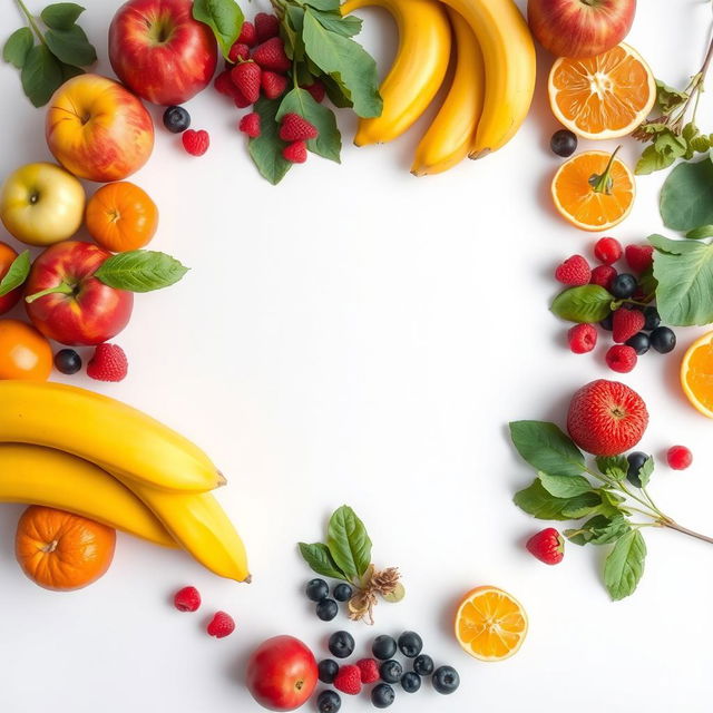 A visually appealing composition featuring a variety of colorful fruits arranged on a clean white background, creating a fresh and inviting feel