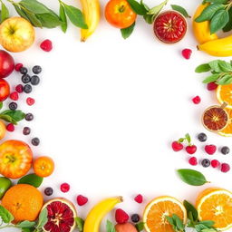 A visually appealing composition featuring a variety of colorful fruits arranged on a clean white background, creating a fresh and inviting feel