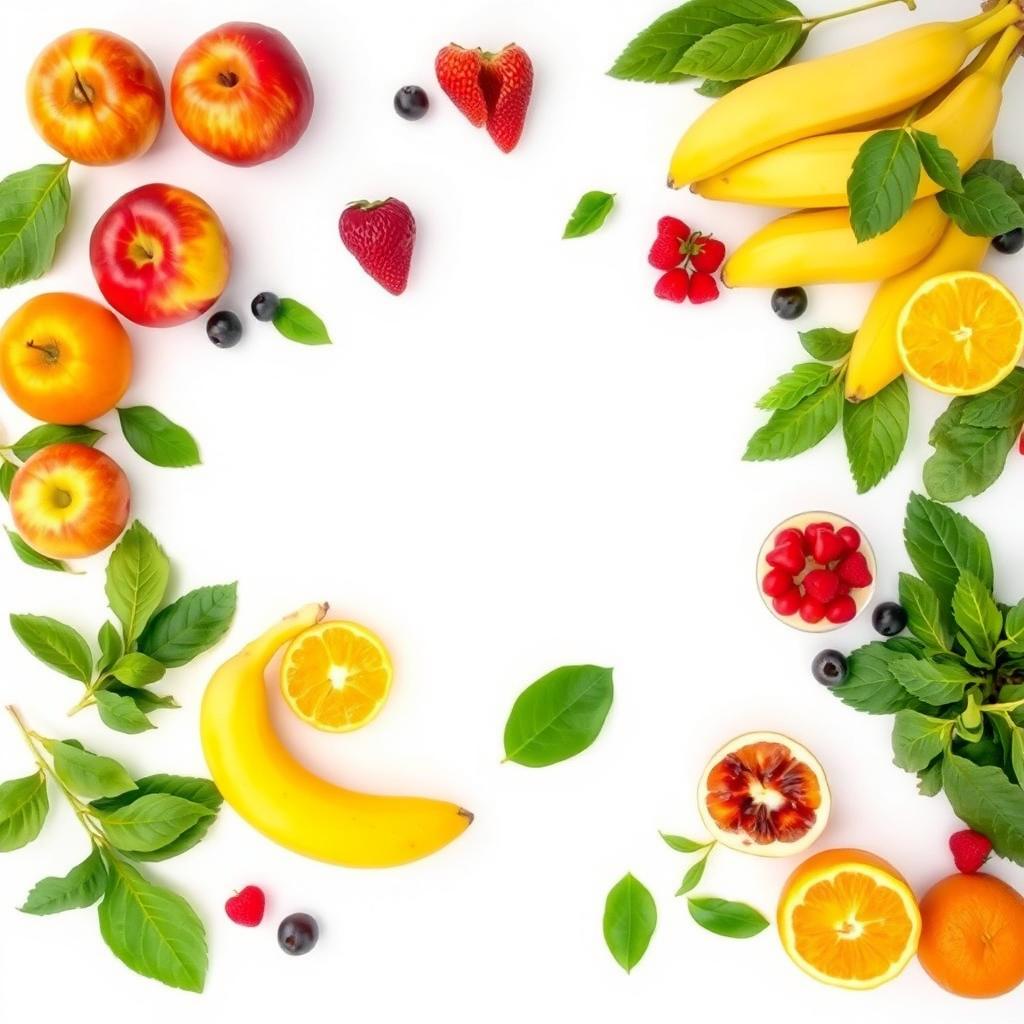 A visually appealing composition featuring a variety of colorful fruits arranged on a clean white background, creating a fresh and inviting feel