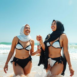 A captivating scene featuring two hijabi women joyfully enjoying their day at the beach, both wearing stylish black and white bikinis