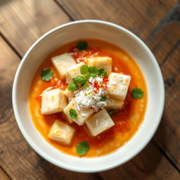 Delicious cooked fish cubes served in a creamy coconut milk sauce with rich tomato sauce, and topped with freshly grated coconut