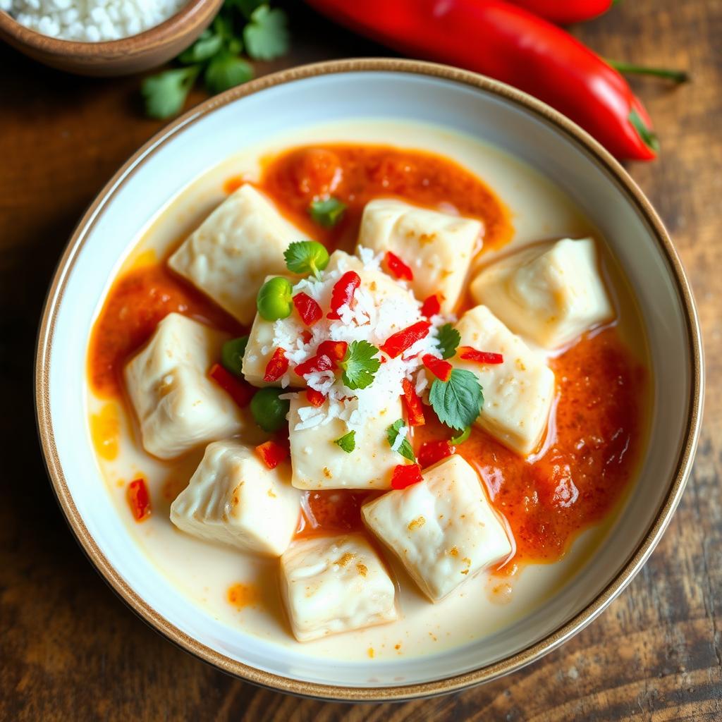 Delicious cooked fish cubes served in a creamy coconut milk sauce with rich tomato sauce, and topped with freshly grated coconut