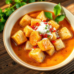 Delicious cooked fish cubes served in a creamy coconut milk sauce with rich tomato sauce, and topped with freshly grated coconut