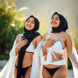 A beautiful scene featuring two hijabi women with a strong bond, dressed in stylish white and black bikinis, engaged in a unique and respectful interpretation of Namaz