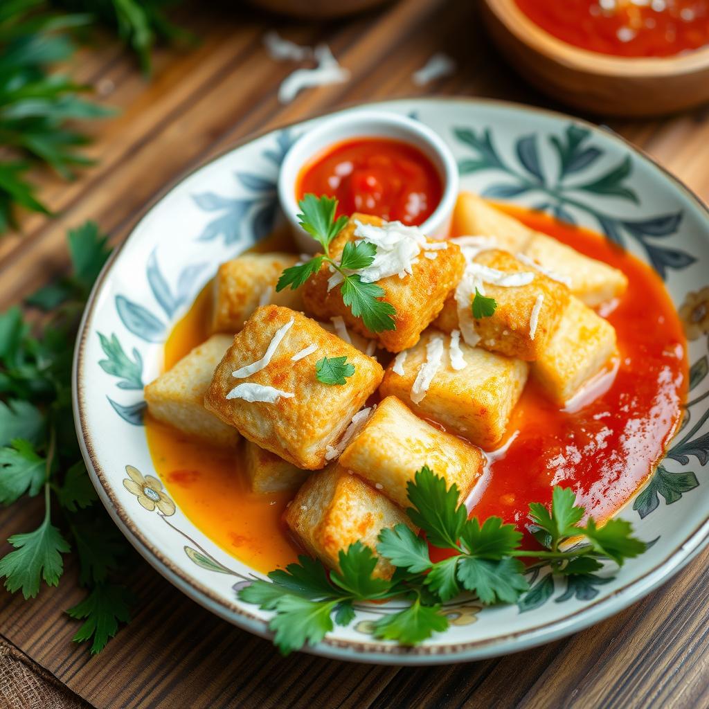 Crispy fried fish cubes served with a creamy coconut milk sauce and a vibrant tomato sauce, garnished with fresh coconut shavings