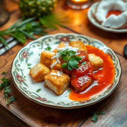 Crispy fried fish cubes served with a creamy coconut milk sauce and a vibrant tomato sauce, garnished with fresh coconut shavings