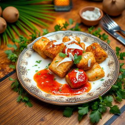 Crispy fried fish cubes served with a creamy coconut milk sauce and a vibrant tomato sauce, garnished with fresh coconut shavings