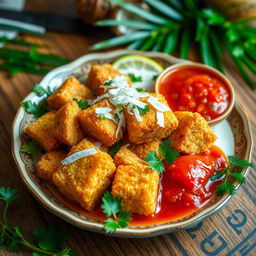 Crispy fried fish cubes served with a creamy coconut milk sauce and a vibrant tomato sauce, garnished with fresh coconut shavings