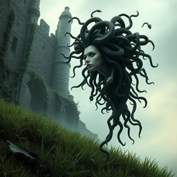 A Gothic style representation of Medusa, featuring her hair made of poisonous snakes, elegantly floating in the air