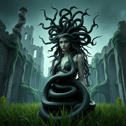 A Gothic style representation of Medusa, featuring her hair made of poisonous snakes, elegantly floating in the air