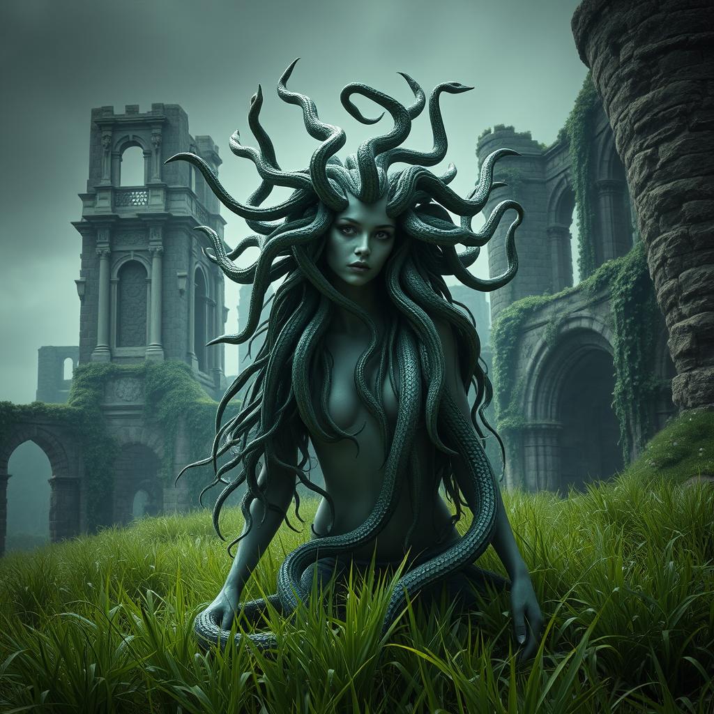 A Gothic style representation of Medusa, featuring her hair made of poisonous snakes, elegantly floating in the air