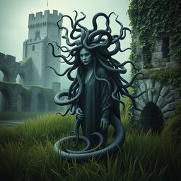 A Gothic style representation of Medusa, featuring her hair made of poisonous snakes, elegantly floating in the air
