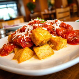 A beautifully plated dish of fried fish cubes served in coconut milk and topped with a rich tomato sauce