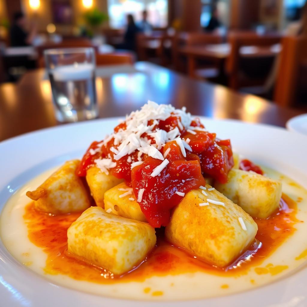 A beautifully plated dish of fried fish cubes served in coconut milk and topped with a rich tomato sauce