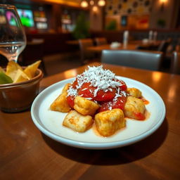 A beautifully plated dish of fried fish cubes served in coconut milk and topped with a rich tomato sauce