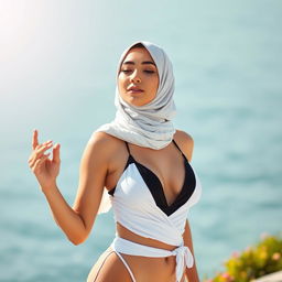 A striking portrait of a hijabi woman gracefully performing Namaz, dressed in a stylish white and black bikini that maintains a sense of modesty