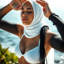 A striking portrait of a hijabi woman gracefully performing Namaz, dressed in a stylish white and black bikini that maintains a sense of modesty
