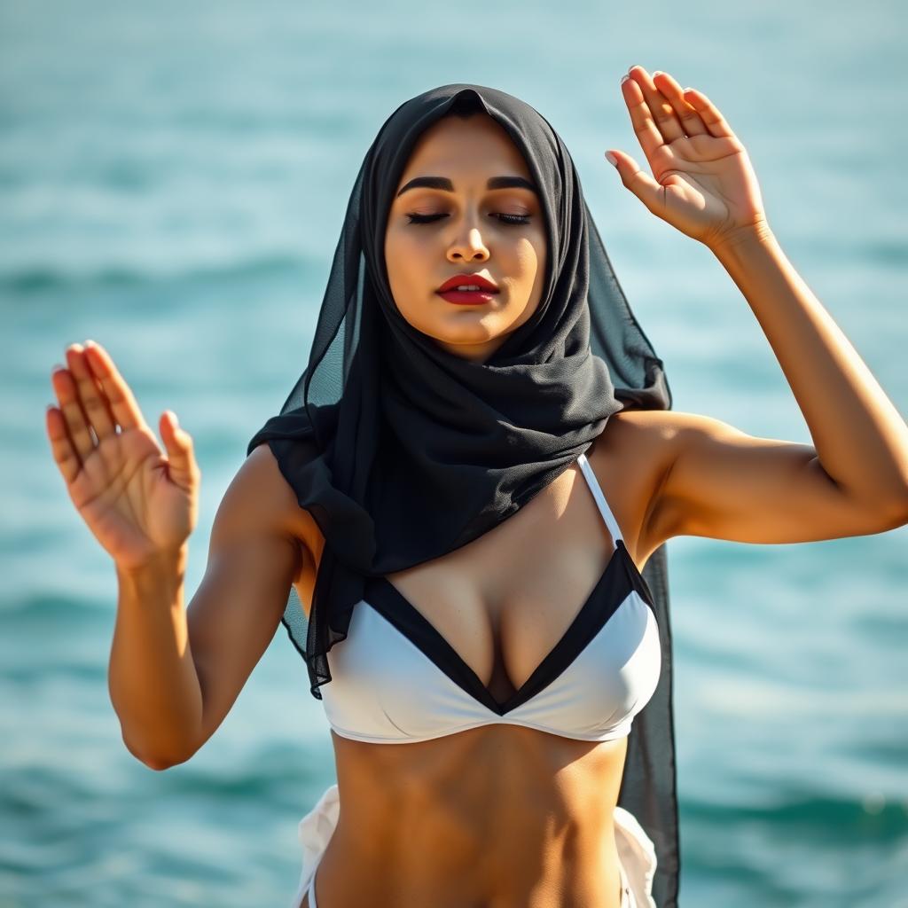 A striking portrait of a hijabi woman gracefully performing Namaz, dressed in a stylish white and black bikini that maintains a sense of modesty