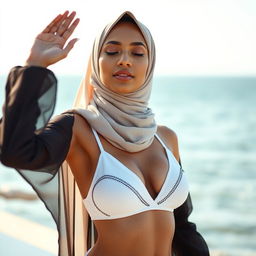 A striking portrait of a hijabi woman gracefully performing Namaz, dressed in a stylish white and black bikini that maintains a sense of modesty