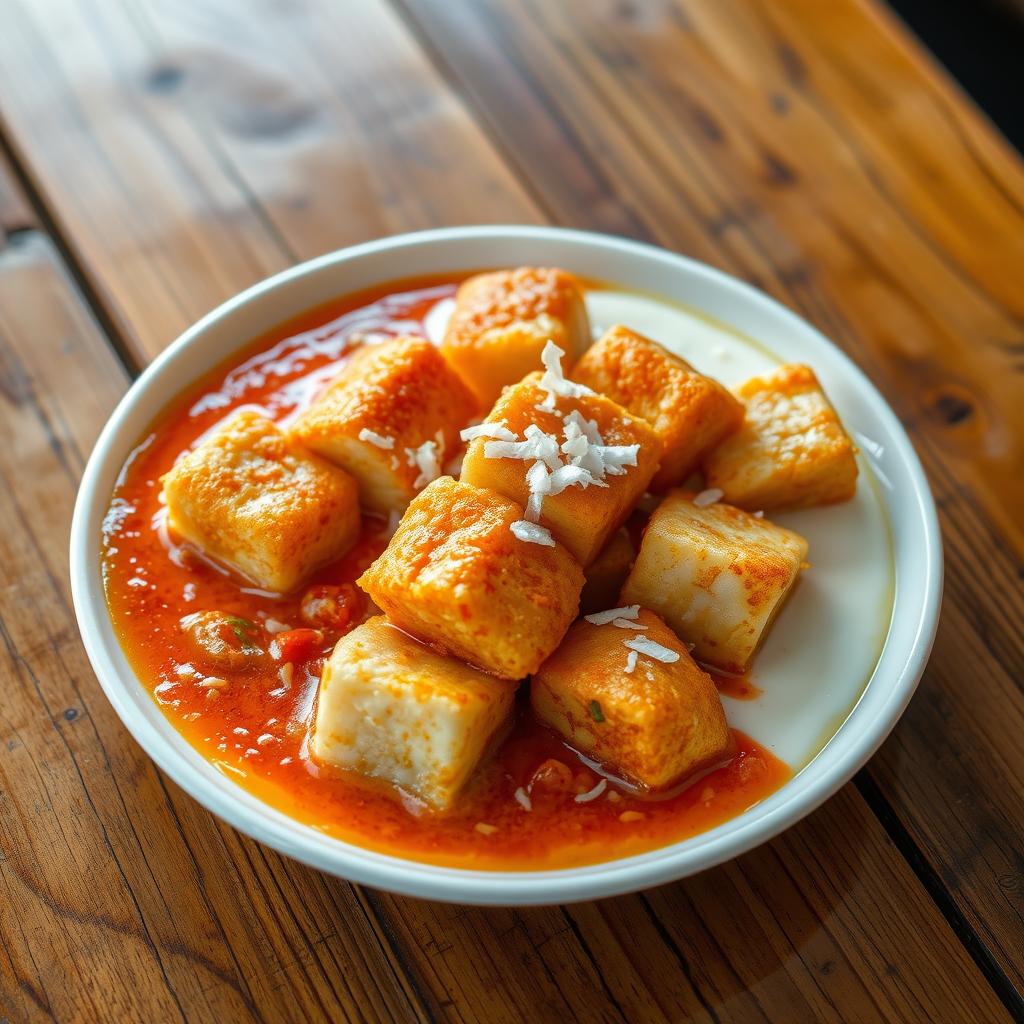 Fried fish cubes served with creamy coconut milk and a rich tomato sauce, garnished with grated coconut