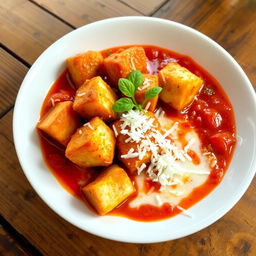 Fried fish cubes served with creamy coconut milk and a rich tomato sauce, garnished with grated coconut