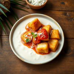 Fried fish cubes served with creamy coconut milk and a rich tomato sauce, garnished with grated coconut