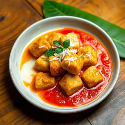 Fried fish cubes served with creamy coconut milk and a rich tomato sauce, garnished with grated coconut